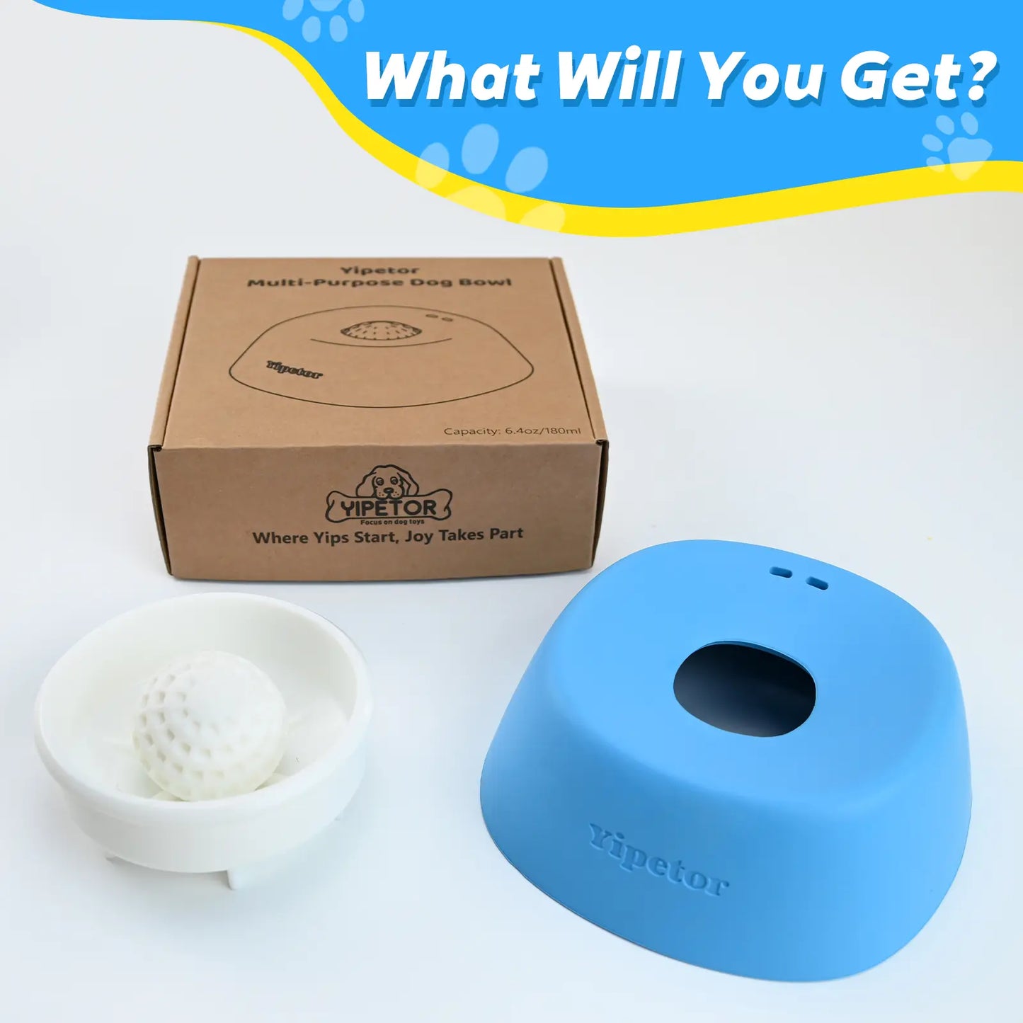 Yipetor Slow Feeder Dog Bowl with Built-In Rolling Ball for Liquid Treats, No Spill Bone Broth and Yogurt Feeder for All Breeds, Ideal for Dietary Supplements and Post-Operative Nutrition
