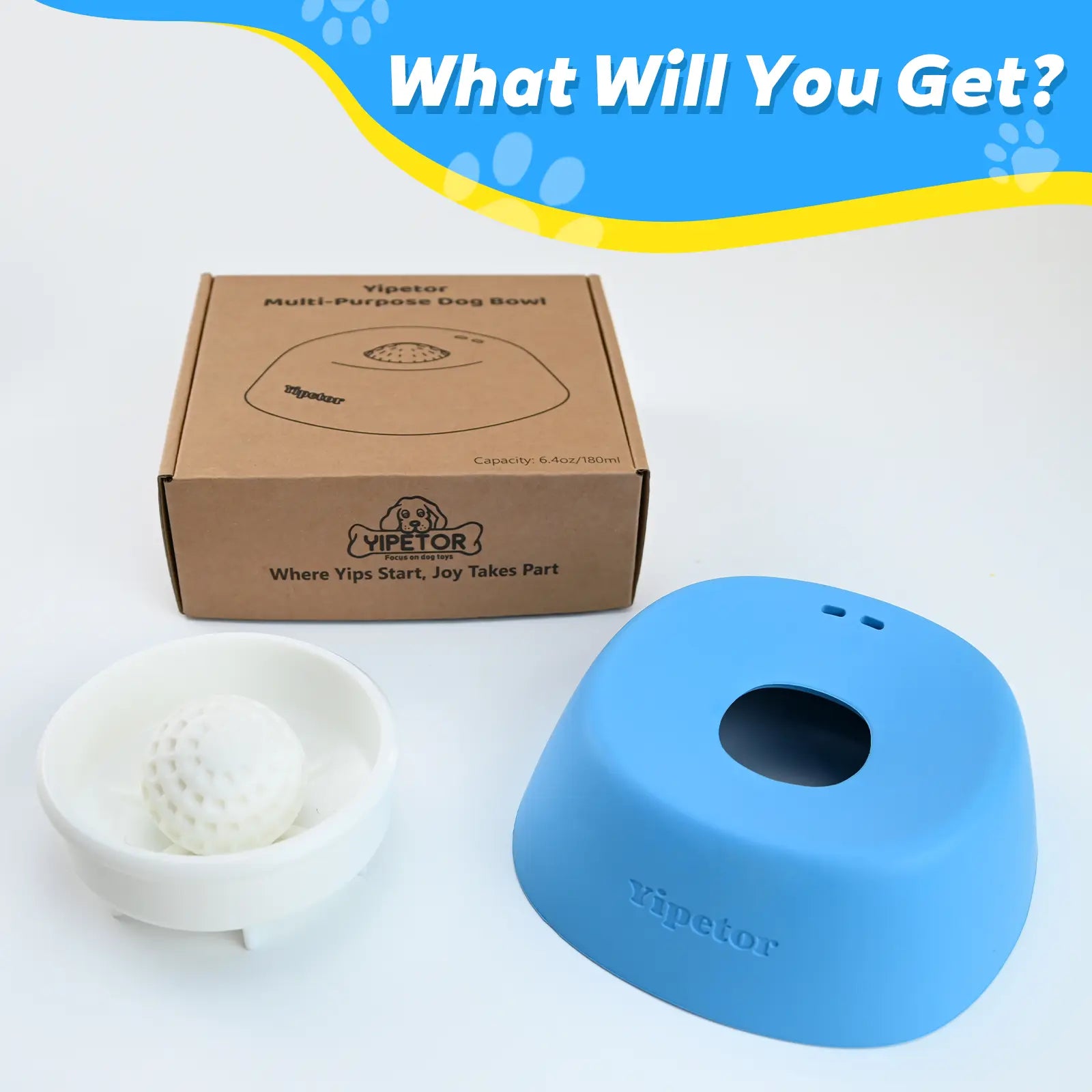 Yipetor Slow Feeder Dog Bowl with Built-In Rolling Ball for Liquid Treats, No Spill Bone Broth and Yogurt Feeder for All Breeds, Ideal for Dietary Supplements and Post-Operative Nutrition