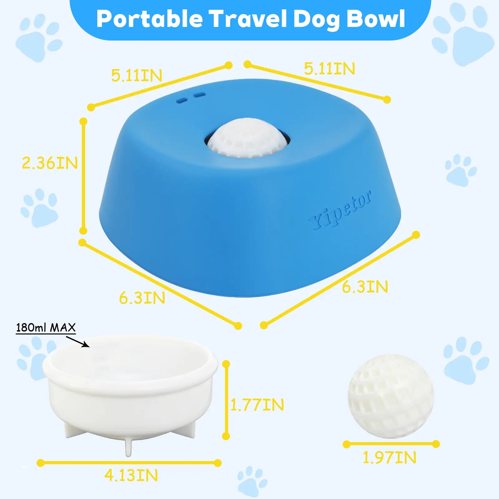 Yipetor Slow Feeder Dog Bowl with Built-In Rolling Ball for Liquid Treats, No Spill Bone Broth and Yogurt Feeder for All Breeds, Ideal for Dietary Supplements and Post-Operative Nutrition