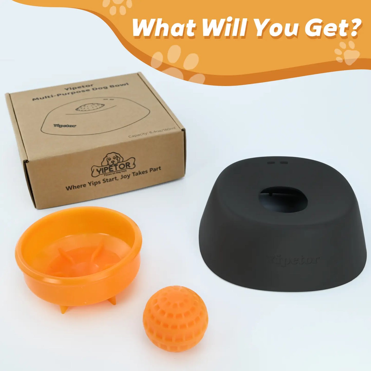 Yipetor Slow Feeder Dog Bowl with Built-In Rolling Ball for Liquid Treats, No Spill Bone Broth and Yogurt Feeder for All Breeds, Ideal for Dietary Supplements and Post-Operative Nutrition