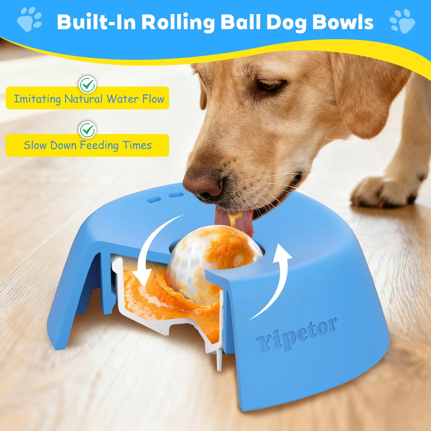 Yipetor Slow Feeder Dog Bowl with Built-In Rolling Ball for Liquid Treats, No Spill Bone Broth and Yogurt Feeder for All Breeds, Ideal for Dietary Supplements and Post-Operative Nutrition