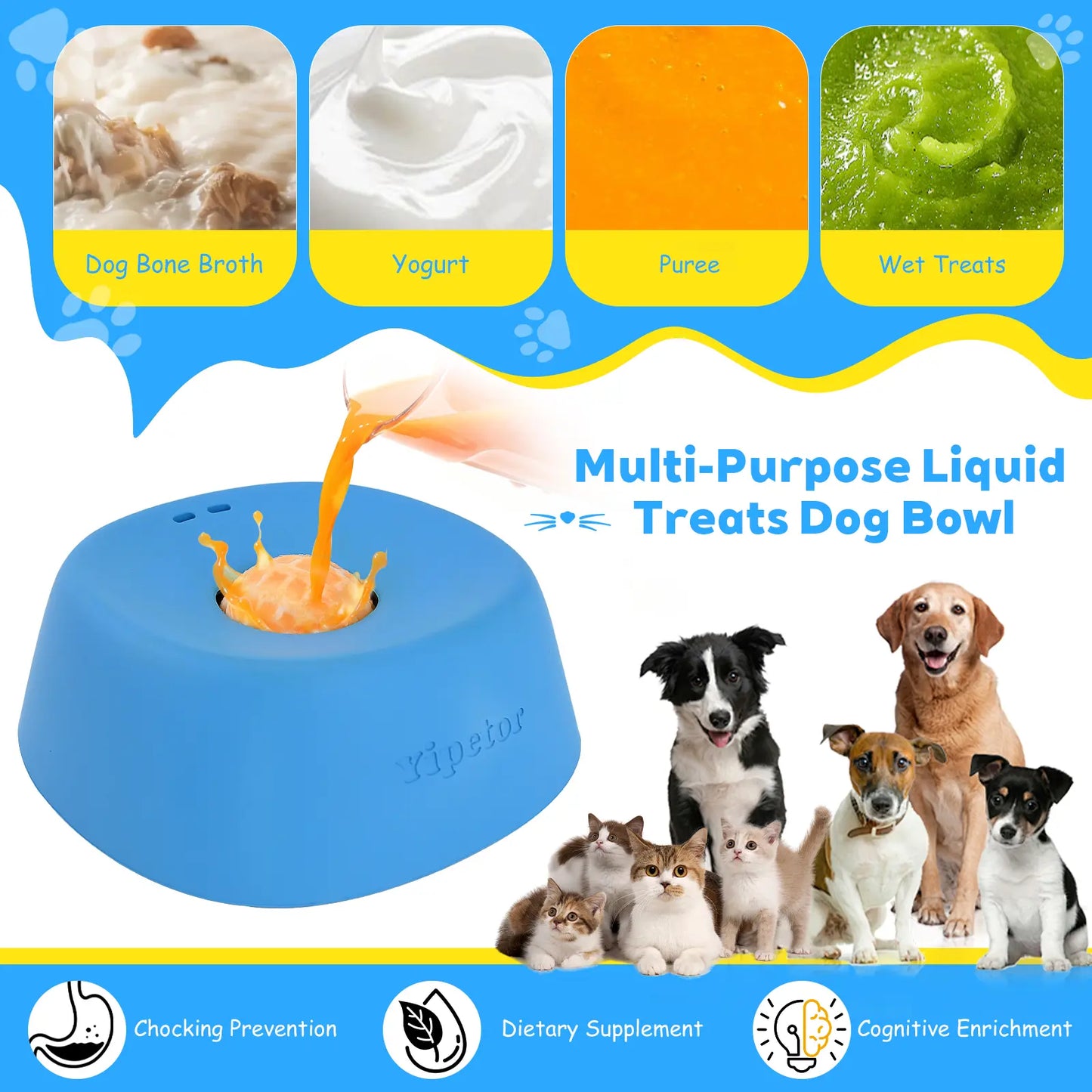 Yipetor Slow Feeder Dog Bowl with Built-In Rolling Ball for Liquid Treats, No Spill Bone Broth and Yogurt Feeder for All Breeds, Ideal for Dietary Supplements and Post-Operative Nutrition